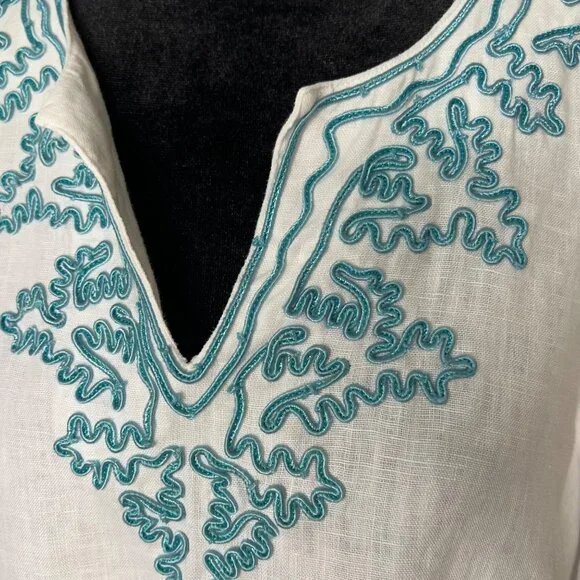 Madison Size XL Linen White Embroidered Trim Tunic Teal Split Neck Long Sleeve - Picture 8 of 8